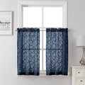 Lecloud Leia Navy Blue Sheer Kitchen Curtains 36 Inch Length 2 Panels, Jacquard Leaf Textured Voile Short Curtains, Dual Rod Pocket Semi Sheer Tiers for Bathroom Bedroom Living Room, 28" W x 36" L