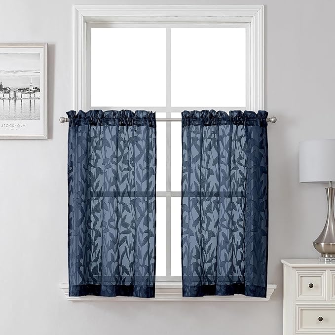 Lecloud Leia Navy Blue Sheer Kitchen Curtains 36 Inch Length 2 Panels, Jacquard Leaf Textured Voile Short Curtains, Dual Rod Pocket Semi Sheer Tiers for Bathroom Bedroom Living Room, 28" W x 36" L