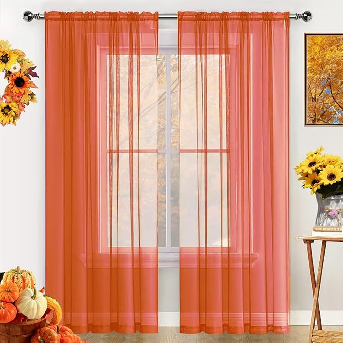 SpaceDresser Basic Rod Pocket Sheer Voile Window Curtain Panels Jaffa Orange 1 Pair 2 Panels 52 Width 96 Inch Long for Kitchen Bedroom Children Living Room Yard(Jaffa Orange,52 W x 96 L)