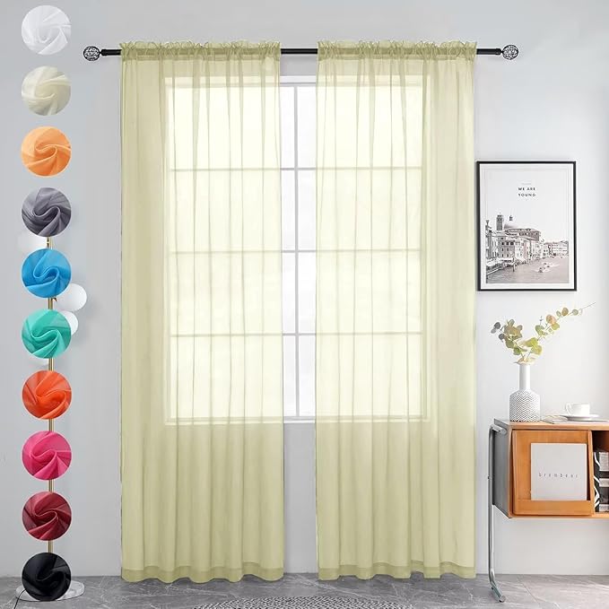 youleyar Solid Sheer Rod Pocket Curtain Voile Draperies 2 Panels White Beige Black Grey Ivory 52 Inch Width 96 Inch Long 1 Pair for Kitchen Bedroom Children Living Room Yard (Sage Green,52Wｘ96L)