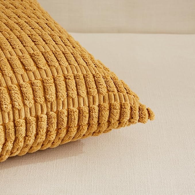 Fancy Homi 4 Packs Mustard Yellow Decorative Throw Pillow Covers 12x20 Inch for Living Room Couch Bed Sofa, Rustic Farmhouse Boho Home Decor, Soft Plush Striped Corduroy Square Cushion Case 30x50 cm