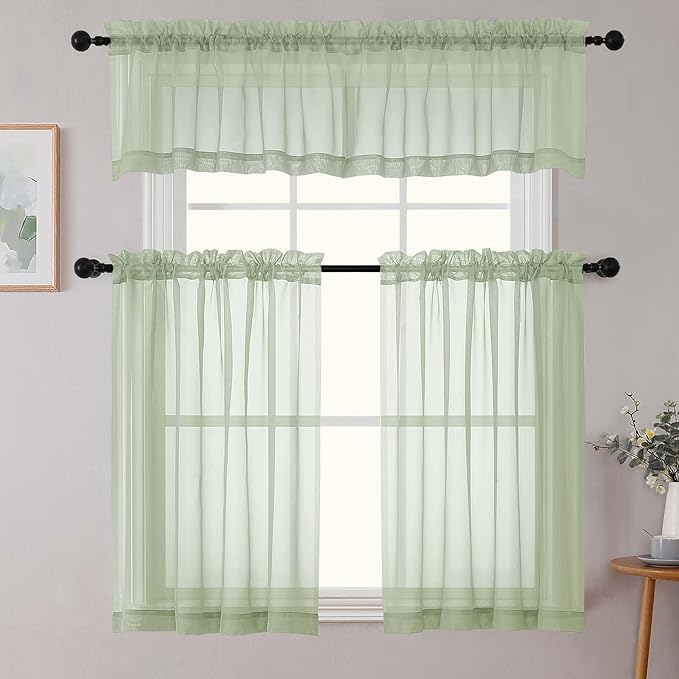 Light Green Valances for Windows, Light Green Sheer Curtains 14 Inch Length 2 Pack Kitchen Drapes, Modern Solid Mini Small Window Curtains for Cafe Bathroom Basement, 42" Wx14 L Inches