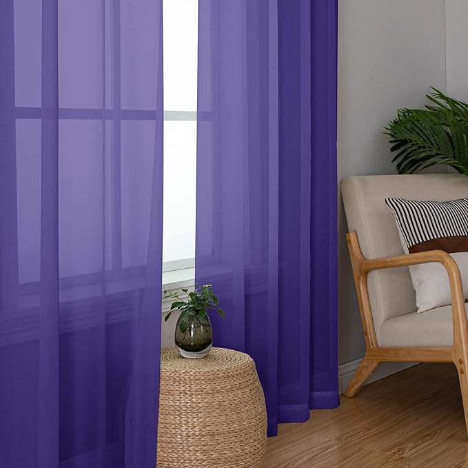 Chyhomenyc Sheer Curtains 63 Inch Length 2 Panels, Light Filtering Rod Pocket Window Sheer Curtain Drapes for Bedroom Living Room, 42Wx63L, 2 Panels, Purple