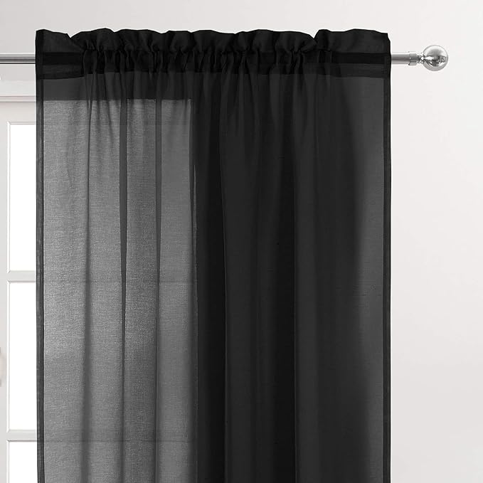 DWCN Black Sheer Curtains Semi Transparent Voile Rod Pocket Curtains for Bedroom and Living Room, 52 x 63 inches Long, Set of 2 Panels