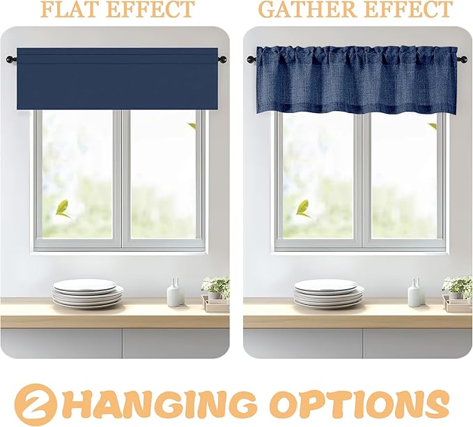OWENIE Navy Blue Valances for Windows 1 Pcs, Light Filtering Textured Farmhouse Short Small Valance Curtains for Bathroom Basement Bedroom, Rod Pocket Half Curtains Over Sink, 60Wx14L Inch