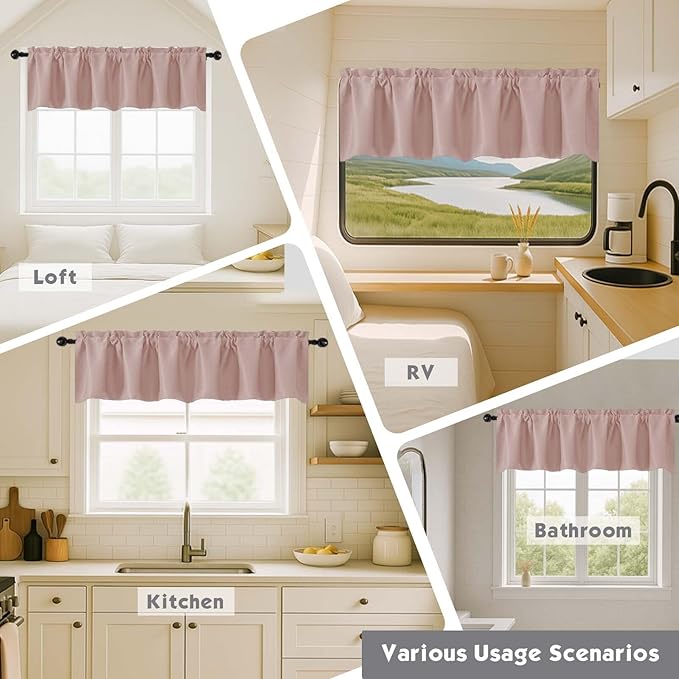 Chyhomenyc Blush Pink Valances for Window, Room Darkening Short Curtains for Kitchen Bedroom Living Room, Rod Pocket Top Small Window Treatment Valance RV Bunk Panels, 60Wx18L, 2 Pieces