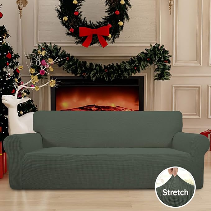 Easy-Going Stretch Sofa Slipcover 1-Piece Sofa Cover Furniture Protector Couch Soft with Elastic Bottom for Kids, Polyester Spandex Jacquard Fabric Small Checks (Sofa, Olive Green)