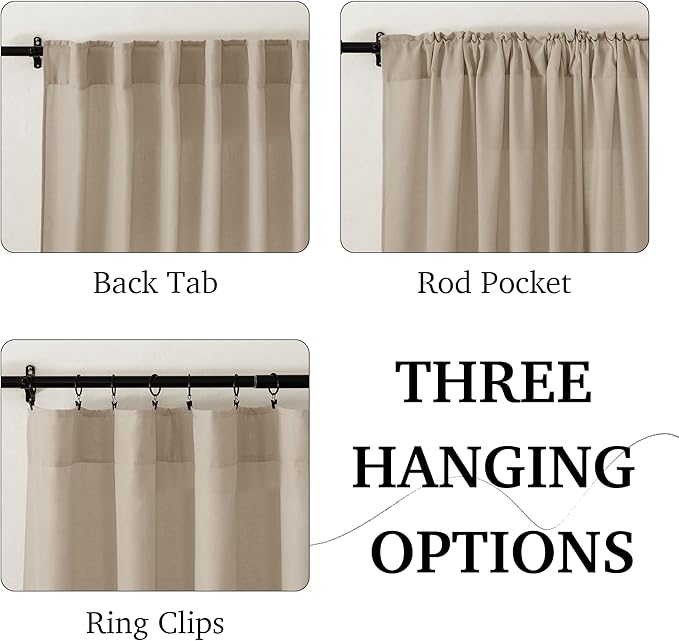RYB HOME Linen Sheer Curtains 90 inches Long 2 Panels Set,Natural Lightweight Light Filtering Half Privacy Gauze Curtains Cortina for Living Room Bedroom, W 52 x L 90, Taupe