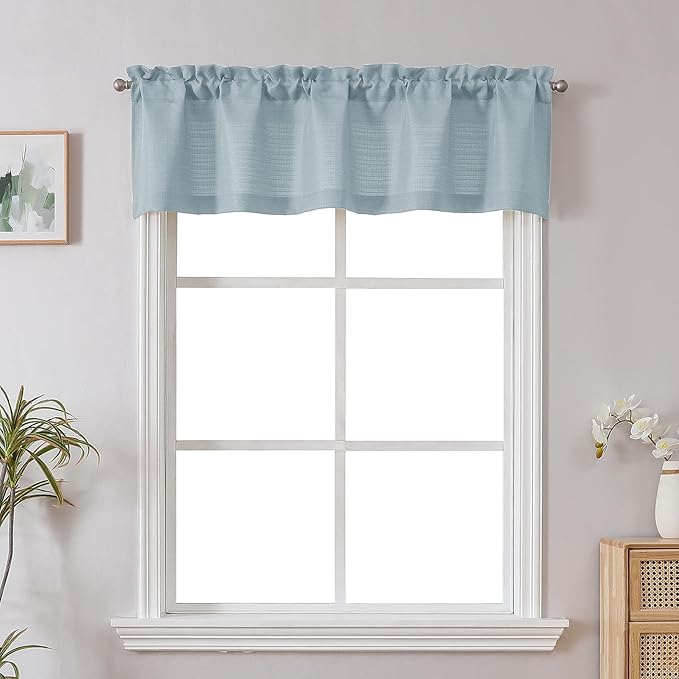 Chyhomenyc Short Curtain Valance for Windows, Light Filtering Faux Linen Textured Small Kitchen Window Curtain, Valance for Bathroom Laundry Basement, 60Wx14L inch, 1 Piece, Aqua with Greenish Tone