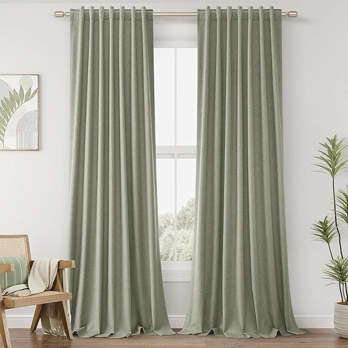 Guken 100% Blackout Linen Curtains 110 Inch Wide by 52 Inch 2 Panels Set for Living Room Bedroom Back Tab Thermal Insulated Black Out Linen Drapes Room Darkening Window Curtains, Sage Green