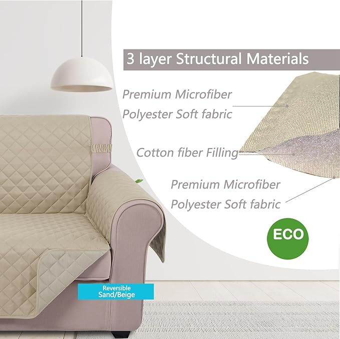 U-NICE HOME Loveseat Sofa Cover Reversible Couch Cover for Dogs with Elastic Straps Water Resistant Furniture Protector for Pets for 2 Cushion Couch (Loveseat, Sand/Beige)