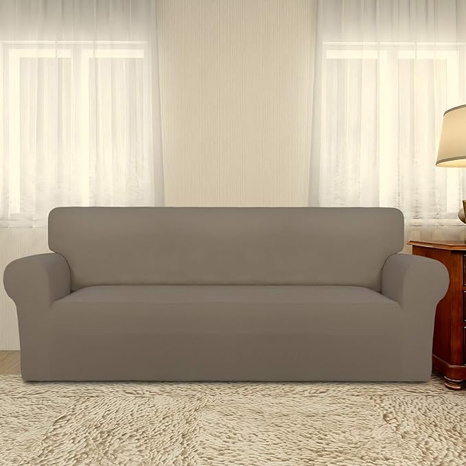 PureFit Super Stretch Sofa Slipcover – Spandex Non Slip Soft Couch Sofa Cover, Washable Furniture Protector with Non Skid Foam and Elastic Bottom for Kids, Pets （Sofa, Natural）