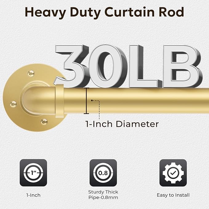 Zeerobee Curtain Rods for Windows 32 to 72, 1 Inch Industrial Wrap Around Gold Curtain Rod, Indoor/Outdoor Room Divider Adjustable Drapery Pole, 32"-72"