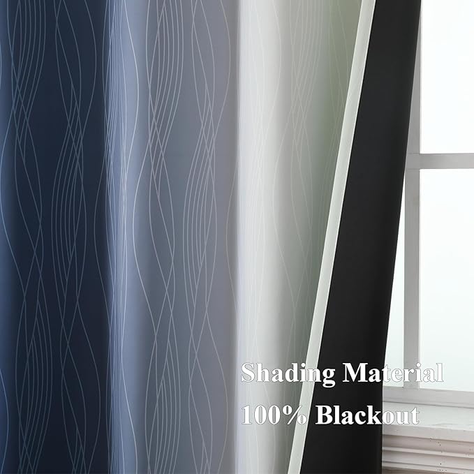 Estelar Textiler Ombre Blackout Curtains 102 Inches Long 2 Panels Set, Navy Blue and Sage Green Thermal Insulated Drapes for Bedroom, Full Room Darkening Grommet Curtains for Living Room, 52Wx102L