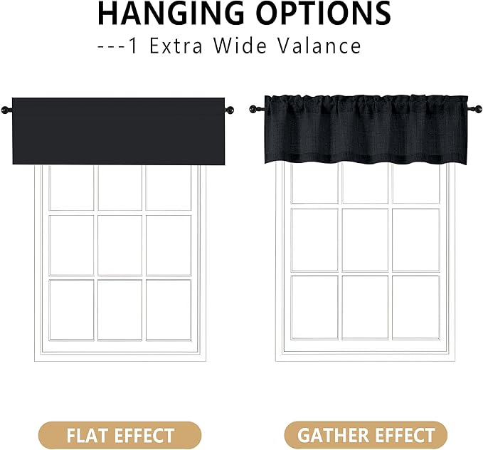 OVZME Black Valance for Windows, Light Filtering Faux Linen Textured Small Cafe Valances for Windows, Dual Rod Pocket Farmhouse Short Curtain for Bathroom Basement, 60Wx24L inch, 1 Piece