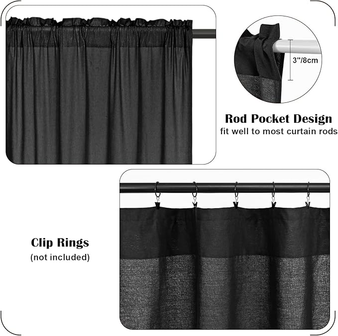 FRAMICS Farmhouse Valance Curtains, Boho Cotton Linen Kitchen Valance, Black Rustic Button Window Valances for Bedroom, Country Rod Pocket Valances for Windows, Semi-Circular, Black, 52 x 18 Inch