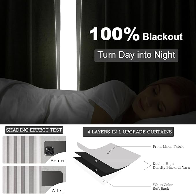 Grey Linen Blackout Curtains for Living Room 2 Panels Set 92 Inches Long Linen Texture Room Darkening Energy Saving Curtain Window Coverings Hook Belt Pleated Drapes Aesthetic Bedroom(W40"xL92")