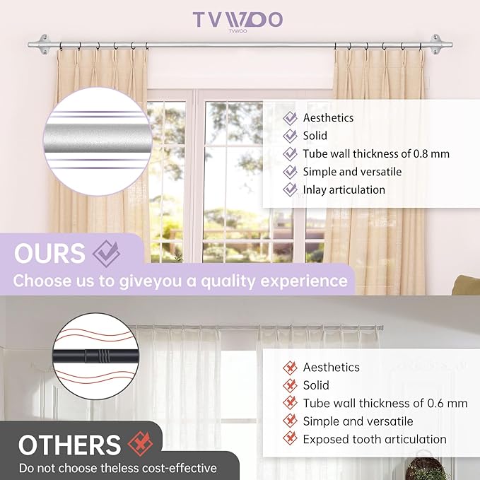 TVWOO Silver Wrap Around Curtain Rods:5/8 In Blackout Adjustable Window Curtain Rod for Bedroom Kitchen Apartment Renter Friendly,Room Darkening Curved Drapery Rods Easy Install,Antique Silver 48-90"