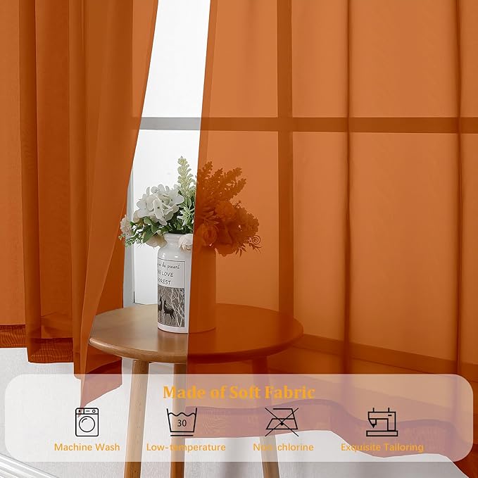 Gwine Burnt Orange Sheer Curtains 84 Inches Long 2 Panels Set for Living Room, Light Filtering Fall Curtains for Bedroom Living Room, Elegant Window Curtain Drapes, Each 42 Wx84 L