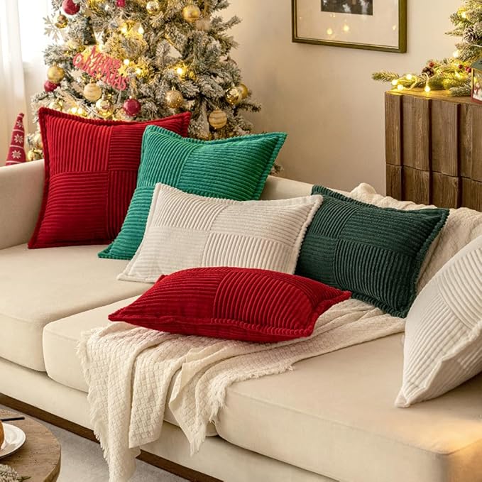 MIULEE Decorative Euro Sham Throw Pillow Covers for Couch Bed Livingroom 24x24 Inch Set of 2 White Boho Accent Throw Pllows Broadside Striped Patchwork Soft Corduroy Pillowcases