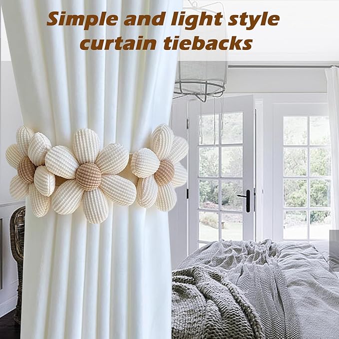 SRG Sunflower Curtain Tiebacks-2 Pack | Daisy Curtain Holdbacks Three Flower | Curtain Tiebacks Boho | Japanese Curtain Ties | Cute Flower Curtain Ties Decorative for Bedroom Window Treatment （Cream）
