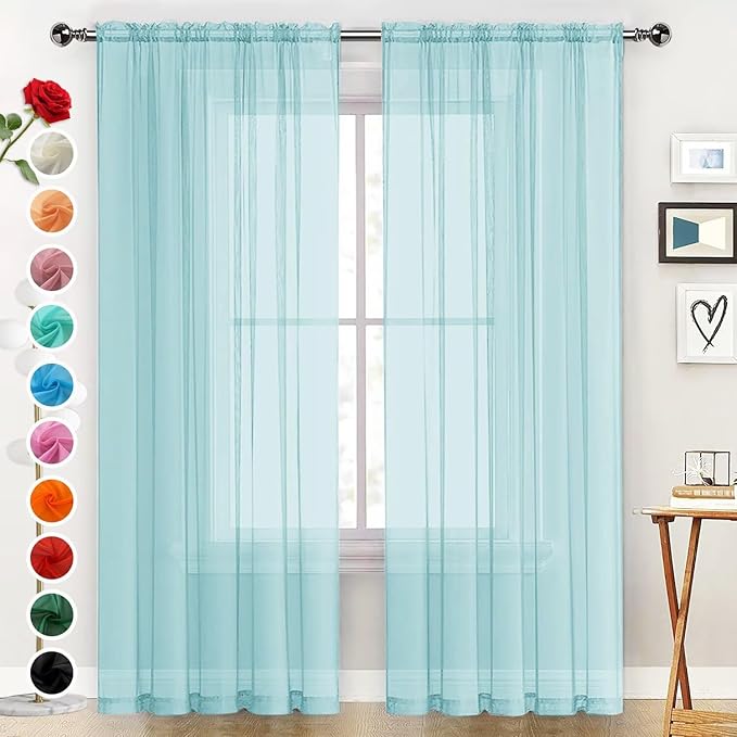 SpaceDresser Basic Rod Pocket Sheer Voile Window Curtain Panels Sky Blue 1 Pair 2 Panels 52 Width 108 Inch Long for Kitchen Bedroom Children Living Room Yard（Sky Blue, 52W x 108L）