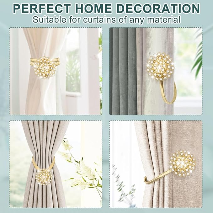 AULEEP Magnetic Curtain Tiebacks, 4 Pack Magnetic Crystal Decorative Drapes Curtain Clips Buckle, Flower Curtain Tie Back, European and American Style (Gold)