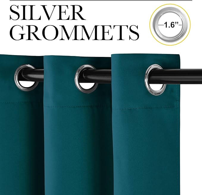 NICETOWN Faux Silk Teal Curtains & Drapes for Bedroom, Grommet Top Thermal Insulated Room Darkening Energy Saving Privacy Drapes for Nursery, 2 Panels, W52 x L63