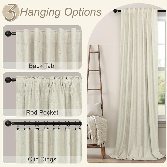 Primitive Curtain 108 Inch Long 2 Panels Burg Linen Textured 9 ft Floor Length to Ceiling Traverse Curtains for Living Room Extra Wide Extreme Blackout Drapes Sun Blocking Sound Absorbing Cream Beige
