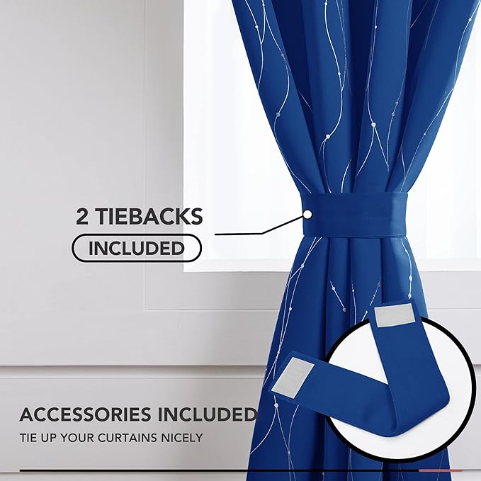 Deconovo Blackout Curtains, 52 x 72 Inch Drapes for Living Room with Wave Dots Silver Print, Soundproof Thermal Insulated Window Curtain for Bedroom Nursery, Set of 2, Machine Washable, Royal Blue