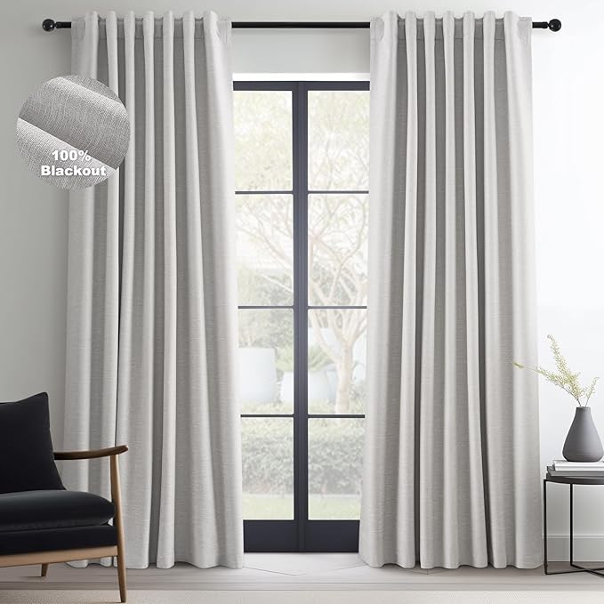 Topfinel Linen Gray Blackout Curtains 96 Inch Long, Boho Beige Gothic Viral Drapes Pinch Pleated Curtains with Hooks for Living Room, Neutral 8FT Back Tab Bedroom Curtains 52" X 96" 8 FT 2 Panels