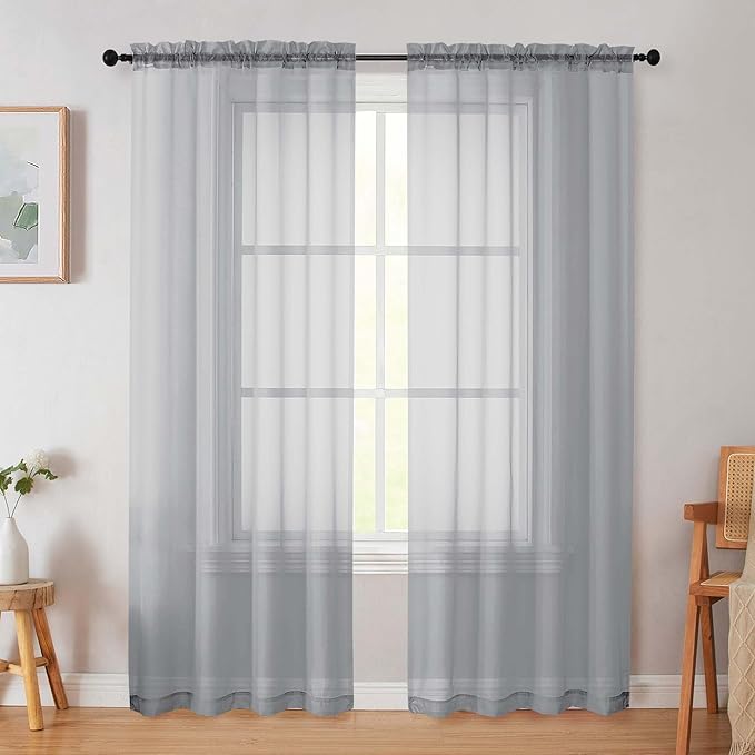 Light Grey Sheer Curtain for Bedroom Living Room 72 Inches Long 2 Panels Set, Solid Soft Light Filtering Sheer Window Curtains, Modern Rod Pocket Door Curtain, Light Grey, 42" Wx72 L Inches
