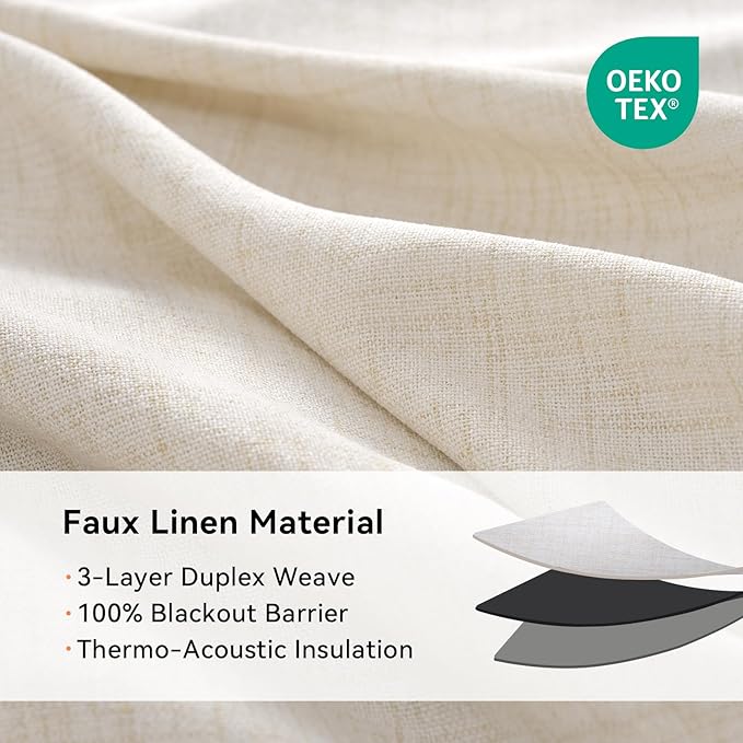 100% Blackout Shield Linen Blackout Curtains for Bedroom, Butter Cream Grommet Curtains for Living Room, Thermal Insulated Room Darkening Drapes for Nursery, Boho Home Decor, 50" W x 108" L, 2 Panels