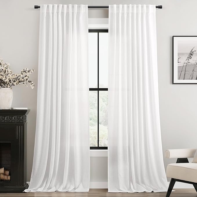 Linen White Curtains 84 inches Long for Bedroom Loop Pocket Privacy Light Filtering Semi Sheer White Boho Farmhouse Curtain Drapes Cotton Textured Modern Elegant Coastal Living Room Decor 60x84