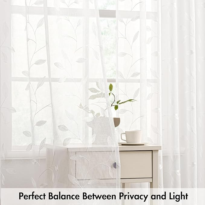 MIULEE White Sheer Curtains 2 Panels Embroidered Leaf Patterned Rod Pocket Floral Semi Sheer Faux Linen Window Curtains Drapes Set for Living Room Bedroom Dining Room, 52x84 Inches Long