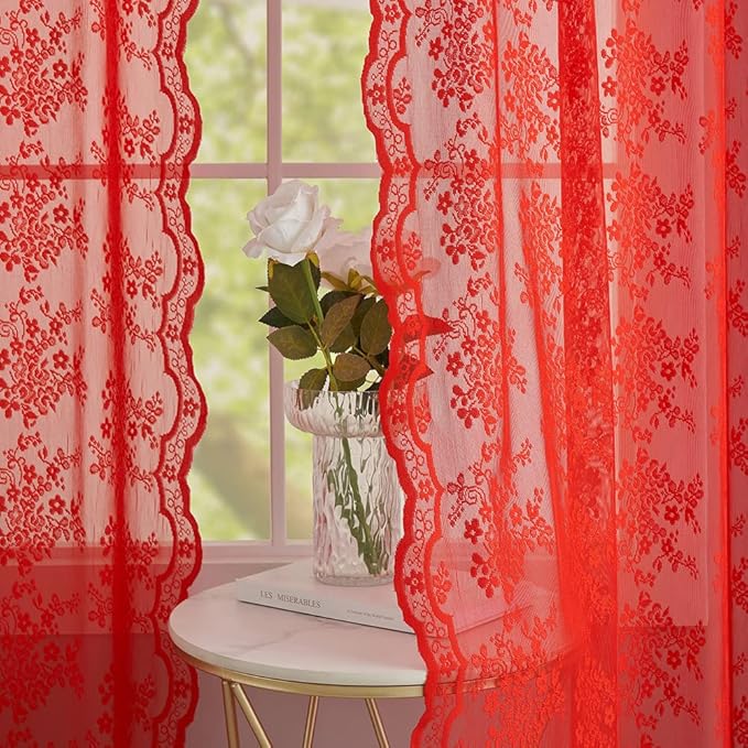 YJ YANJUN Vintage Lace Curtains 63 Inch Length 2 Panels Set Christmas Red Sheer Curtain Panels for Bedroom Winter Window Treatments for Holiday Living Room Dining Room Bedroom 52W x 63L