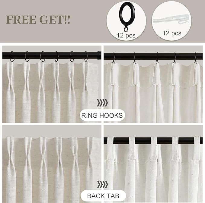 IVAPUPU Pinch Pleated Curtains 90 Inch Long for Living Room, Extra Wide Semi Sheer Pleated Drapes Back Tab Hooks Rings Light Filtering Privacy Linen Curtain for Office, Beige White, 70Wx90L, 1 Panel