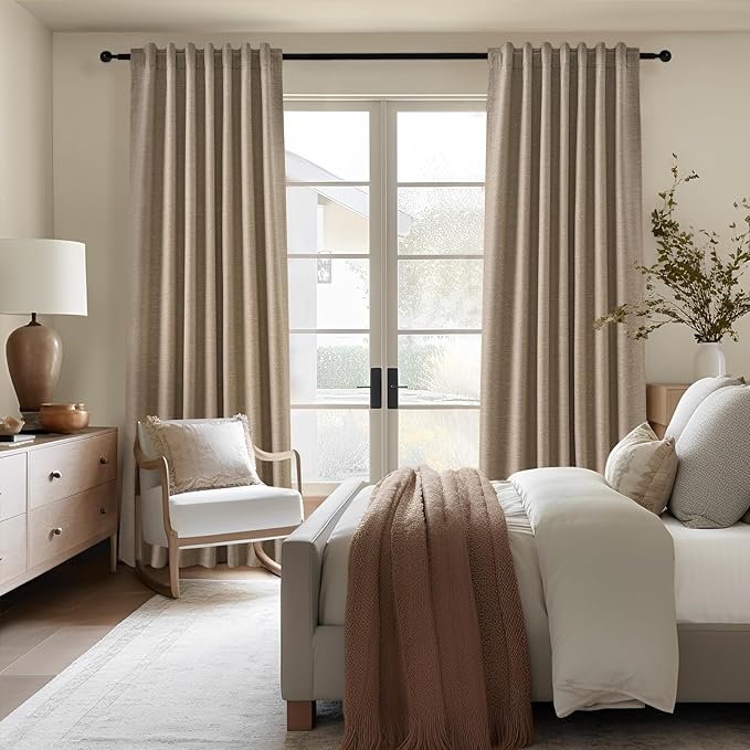Topfinel 95 Inches Long Custom Linen Blackout Curtains Taupe Pinch Pleated Noise Cancelling Curtains with Pin Hooks for Traverse Burlap Viral Drapes 2 Panels for Living Room Bedroom