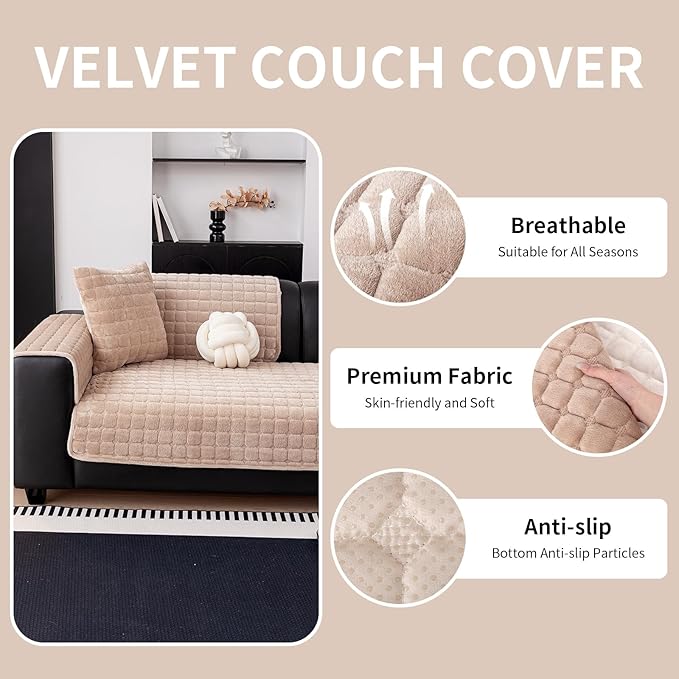Velvet Couch Cover, Washable Sectional Sofa Cover, Anti Slip Sofa Slipcovers for 3 Cushion Couch Sofa L Shaped Recliner, Furniture Protector Covers for Pets Kids(Khaki, Only 1 PCS)