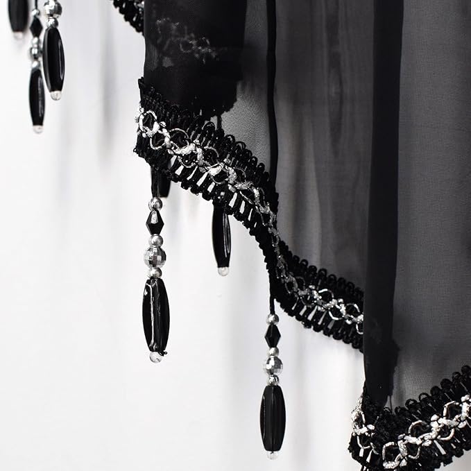 Molaxhome Swag Curtain 51 inch Length Rod Pocket Scalloped Curtain Valance Sheer Lace Panels with Hanging Crystal Beads for Kitchen Bedroom Window Treatments Drape Decor 1pc (Black, 51Wx23L)