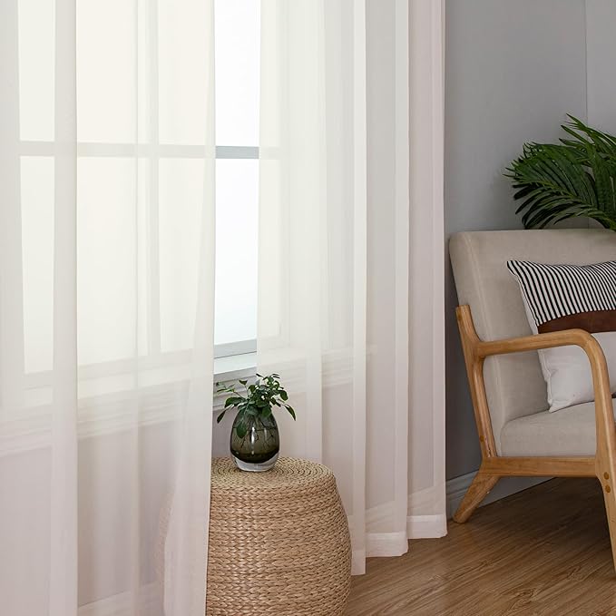 Lecloud Ivory Sheer Curtains 50 Inch Length 2 Pcs, Rustic Farmhouse Curtains with Rod Pockets, Light Filtering Window Solid Drapes for Bedroom Bathroom Basement Living Room, Each Panel 42" W x 50" L