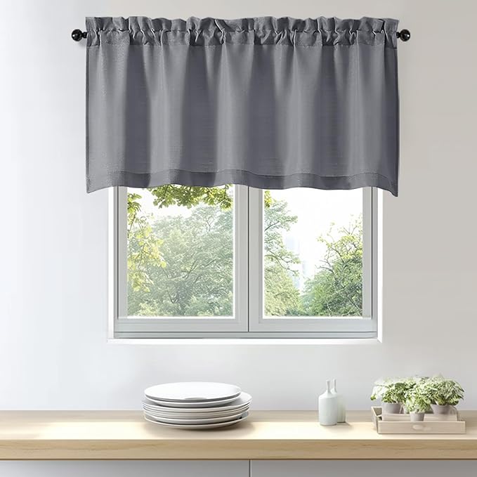 OWENIE Bob 1 PCS Dark Grey Valances for Windows, Faux Linen Textured Kitchen Window Curtains Valance for Bedroom Living Room, Modern Soft Airy Solid Rod Pocket Bathroom Cafe Curtain, 60Wx24L Inch