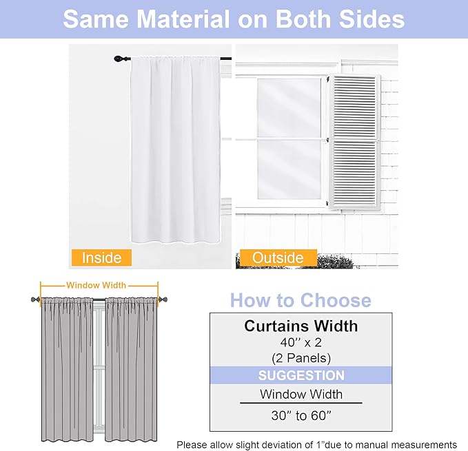 Simplebrand Ava Pure White Curtains for Bedroom 45 Inches Long 2 Panels Set, Light Filtering Window Treatment, Short Curtain Drapes, Soft Touching Casual Rod Pocket Privacy Curtains, W40 x L45 Inch