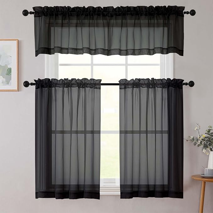 Black Valances for Windows, Black Sheer Curtains 14 Inch Length 2 Pack Kitchen Drapes, Modern Solid Mini Small Window Curtains for Cafe Bathroom Basement, Each 42" Wx14 L Inches
