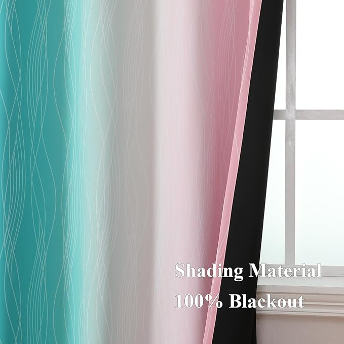 Estelar Textiler Pink and Teal Ombre Blackout Curtains 90 Inches Long 2 Panels Set, Thermal Insulated Drapes for Bedroom, Full Light Blocking Grommet Gradient Curtains for Living Room, 52Wx90L