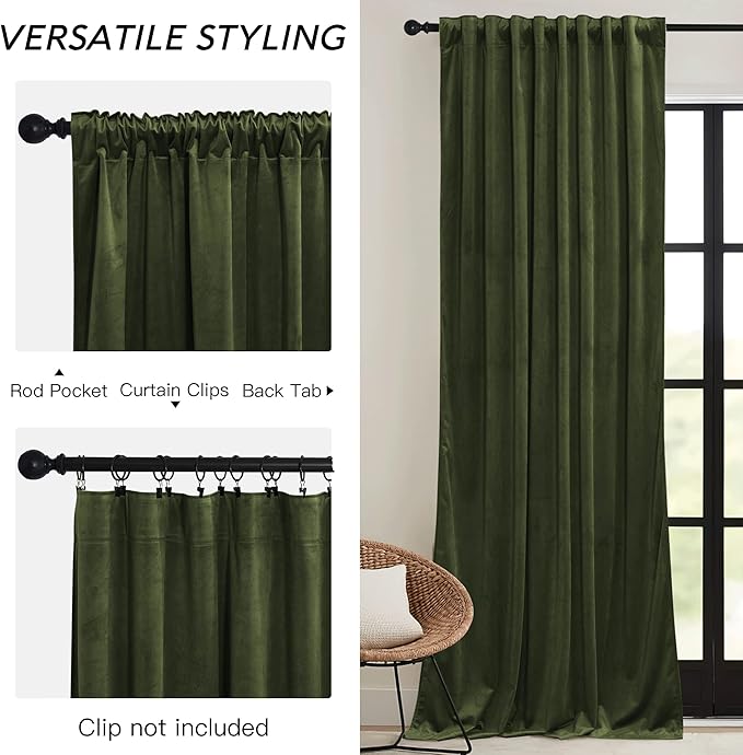 RYB HOME Green Velvet Curtains 96 inch, Solid Room Darkening Window Curtains for Living Room Light & Draft Block Privacy Backdrop with Pleat Tape Pocket& Tabs, Olive Green, W52 x L96 inch, 2 Panels