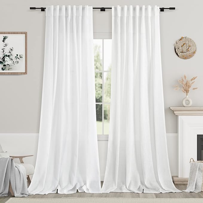 Extra Long White Curtain 108 inches Long 2 Panels Set for Living Room Back Tab Modern Farmhouse Decor Cotton Textured Off White Sheer Linen Curtains 108 inch Length for Large Window 9 FT Tall