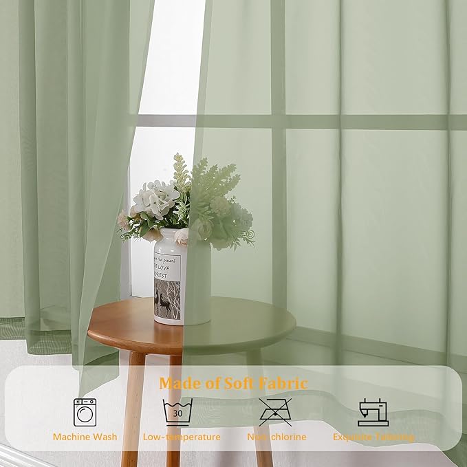 Gwine Sage Green Sheer Curtains 84 Inches Long 2 Panels Set for Living Room, Rod Pocket Voile Bedroom Curtains, Light Filtering Solid Window Sheer Panels, Each 42" Wx84 L