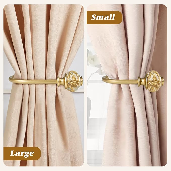 2 Pack Curtain Holdbacks, USFOOK Decorative Window Drapery Tiebacks (2 Pack/1 Pair), Curtain Tie Back Hooks for Wall with Gold Translucent Finials (3.95" L x 3.4" W)