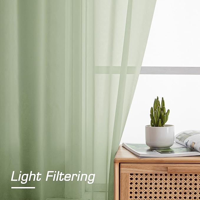 OWENIE Sheer Curtains 72 Inches Long 2 Panels Set, Light Filtering Sheer Curtain Rod Pocket Clear Drapes for Living Room Bedroom Window Sliding Door, Each 42 x 72 Inch, Light Green